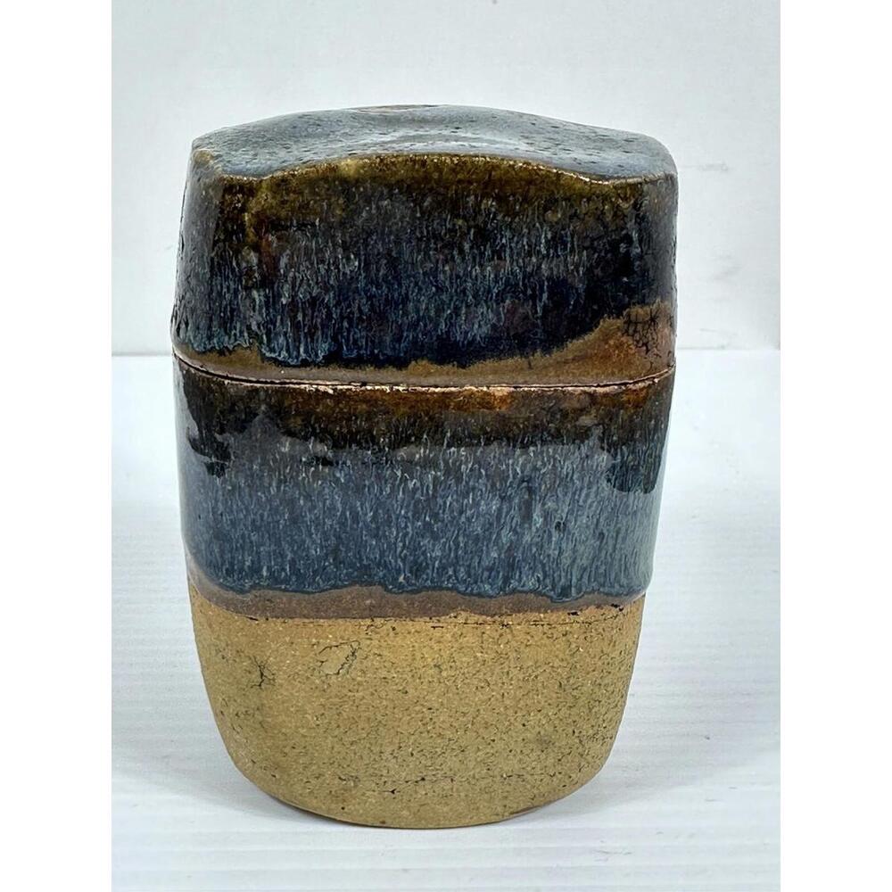 Studio Art Pottery Lidded Jar Drip Glaze Browns &‎ Blues Signed David Turner